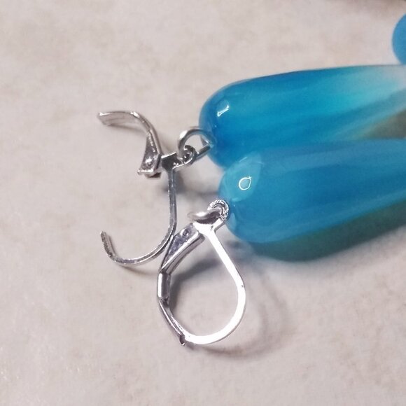 Coastal Aqua Blue Agate ~ Elongated Teardrop Danglers - Sleek Femme & Sexy - Picture 6 of 7
